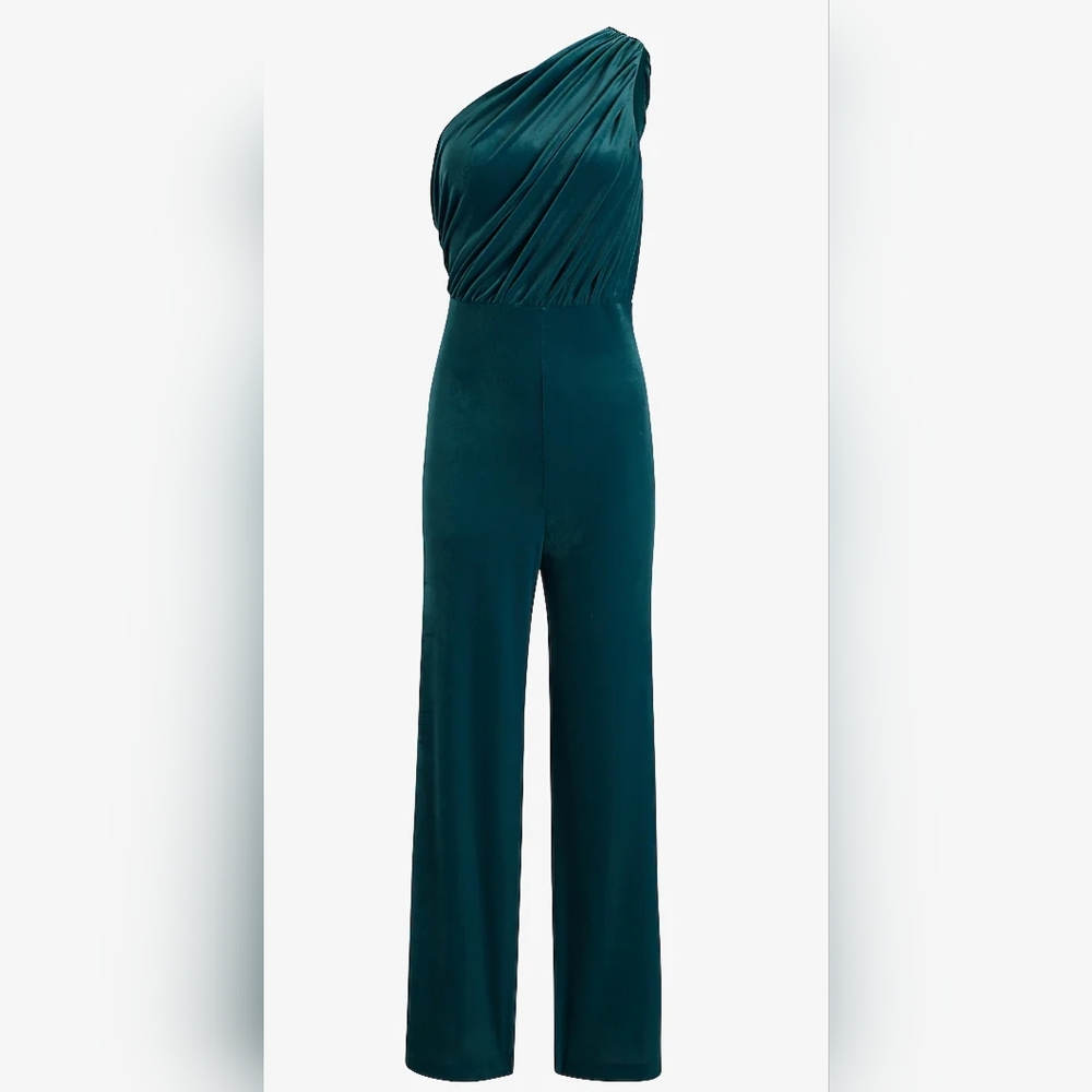 ✨️Final Price✨️NWT Sz M Express Teal Velvet One Shoulder Jumpsuit - Picture 3 of 8
